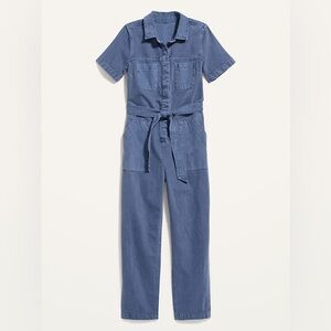 Short-Sleeve Cropped Tie-Belt Utility Non-Stretch Jean Jumpsuit